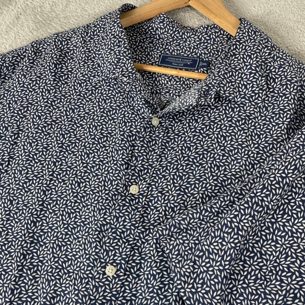 Vineyard Vines Shirt Mens XXL Navy Blue White 100% Linen Leaf Print Resort